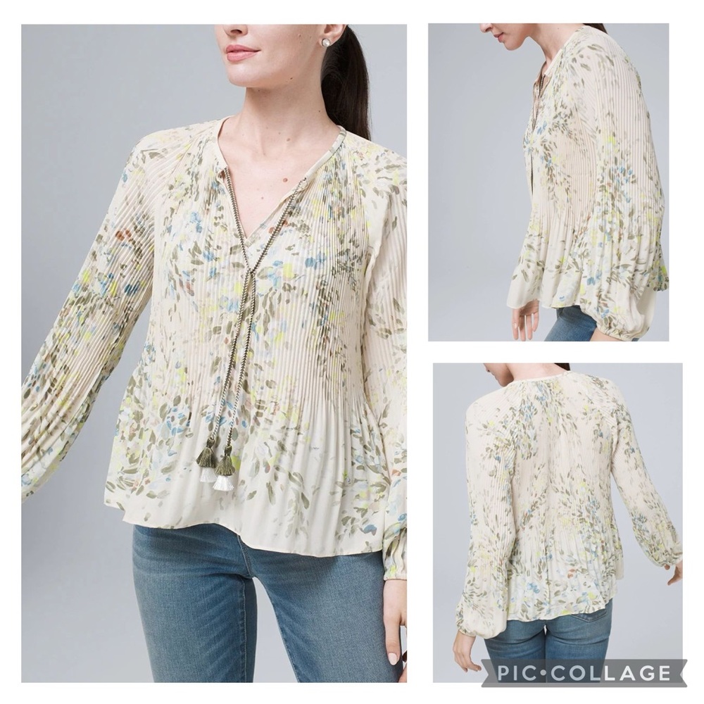 White House Black Market Pleated Tie-Neck Blouse